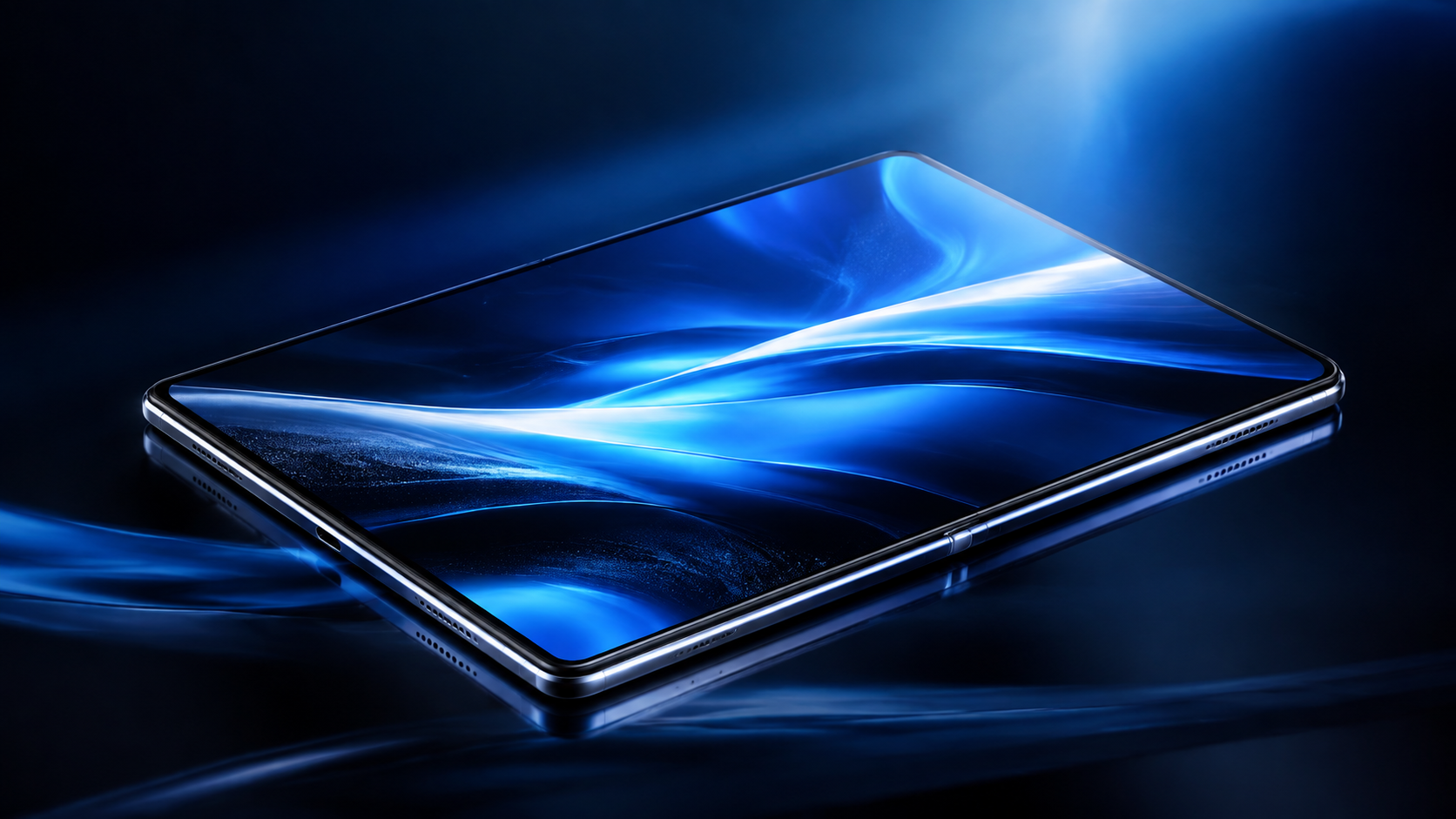 Fully opened foldable phone in a luminous blue studio