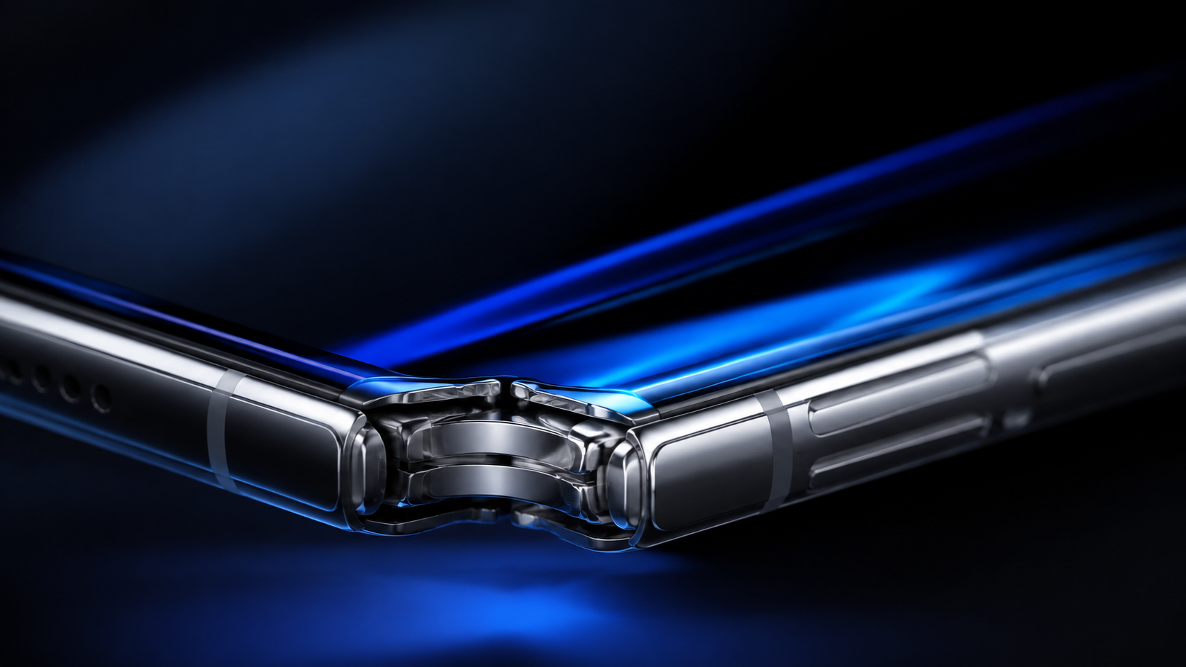 Close up of a foldable phone hinge in blue studio light