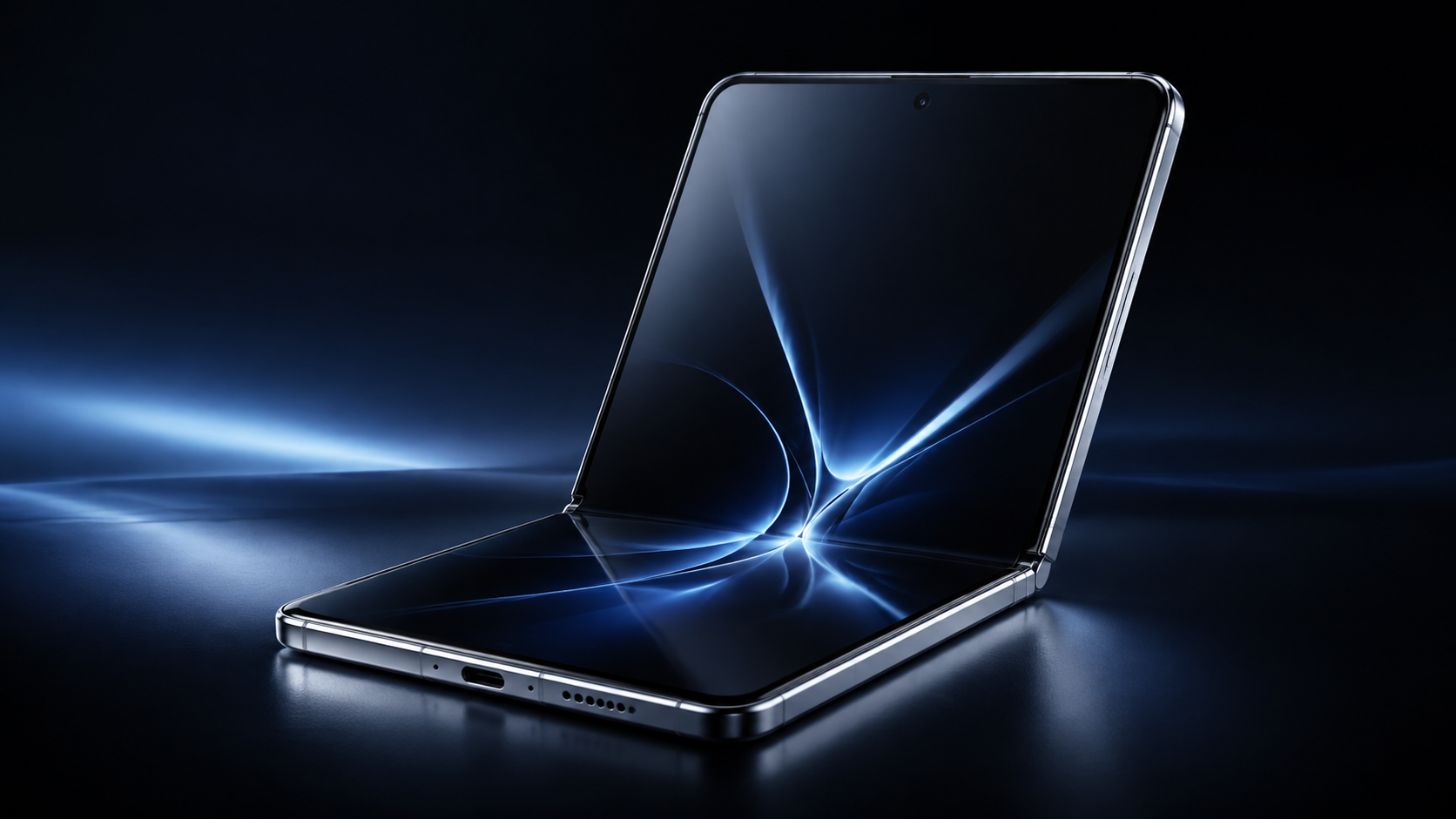 Premium foldable phone partially opened in a dark blue studio