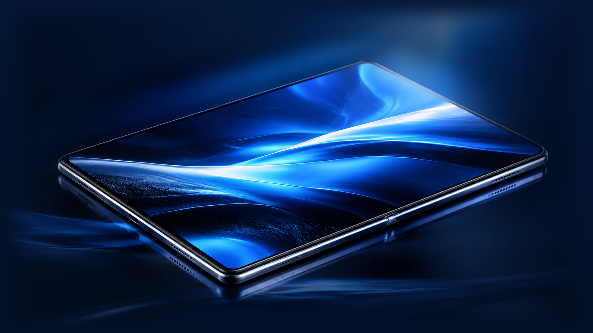 Fully opened foldable phone in a luminous blue studio