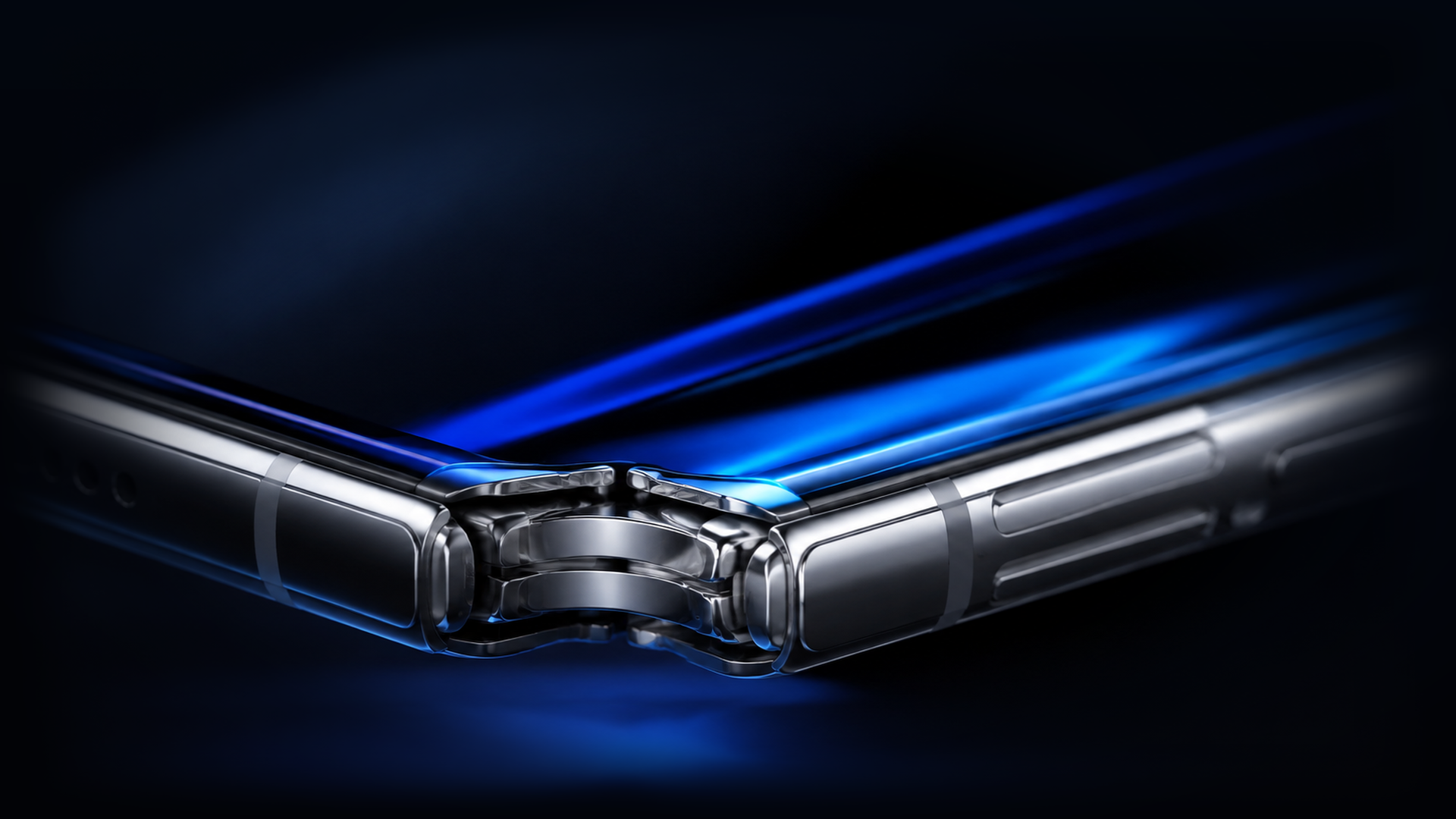 Close up of a foldable phone hinge in blue studio light