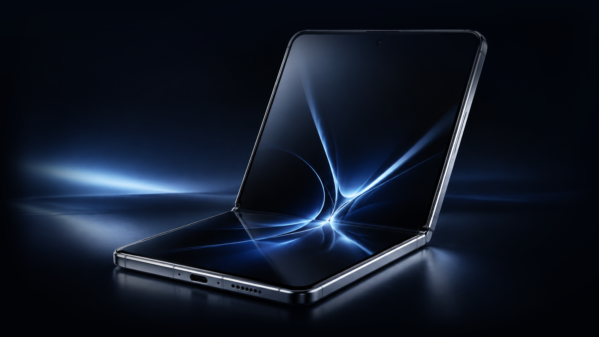 Premium foldable phone partially opened in a dark blue studio